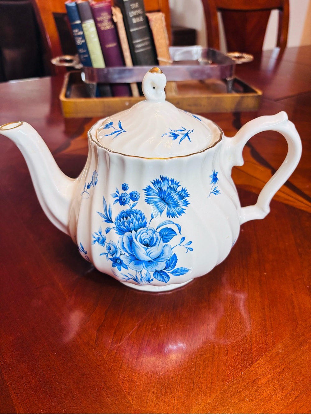 Vintage Churchill White Porcelain Teapot with Blue Floral Pattern